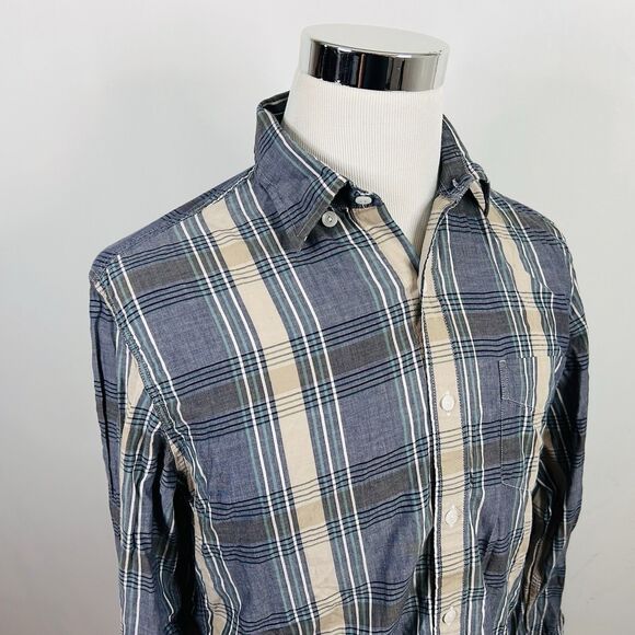 J Crew Medium Light Weight Chambray Shirt Gray Beige Plaid Cotton Button Down - Picture 1 of 5